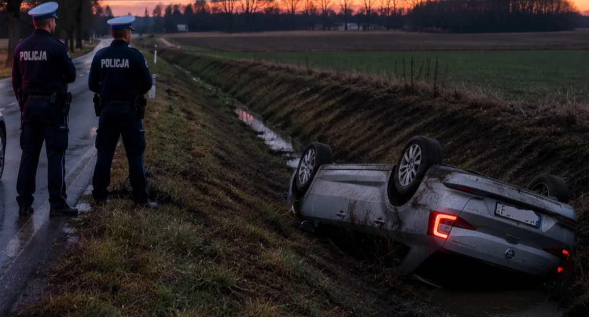 Kronika kryminalna, osoby odwieziono szpitala dachowaniu Skody - zdjęcie, fotografia